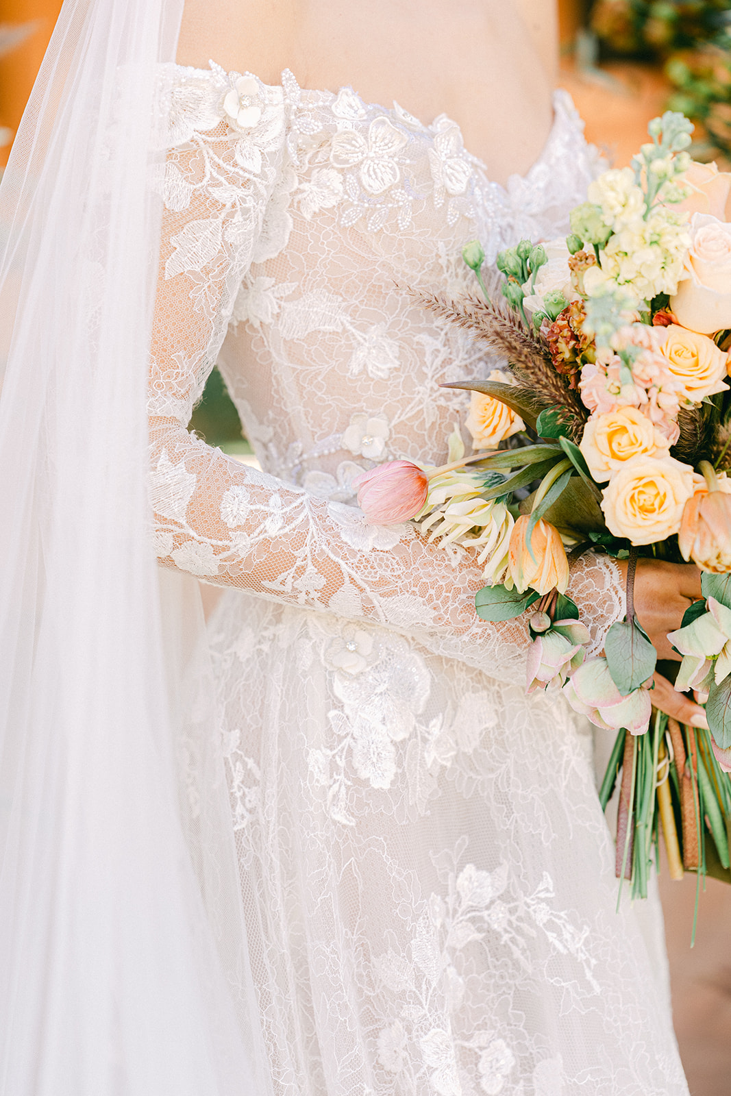 wedding dress lace with wedding bouquet shoot