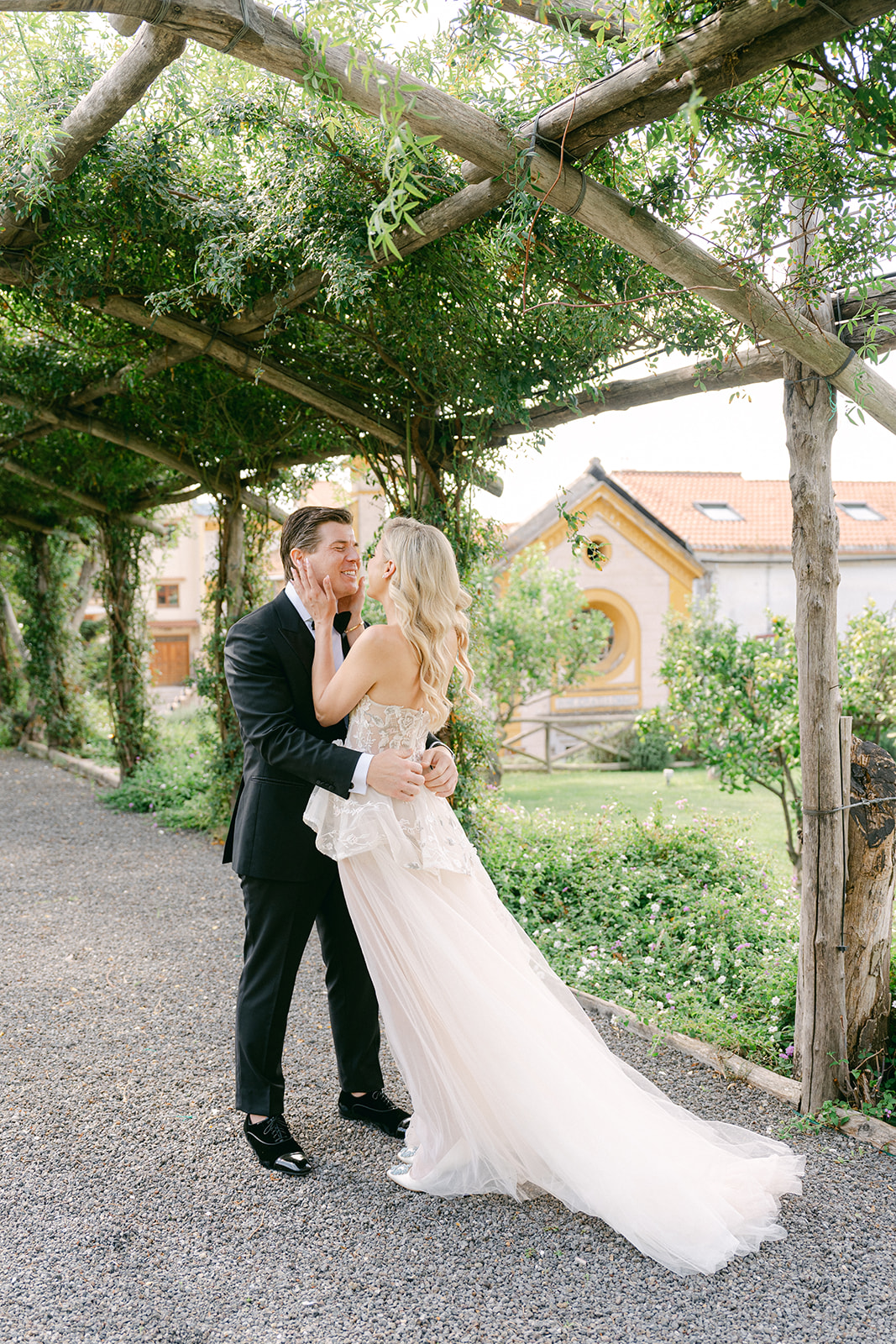 Italian wedding photography of candid first look before church ceremony in Ravello