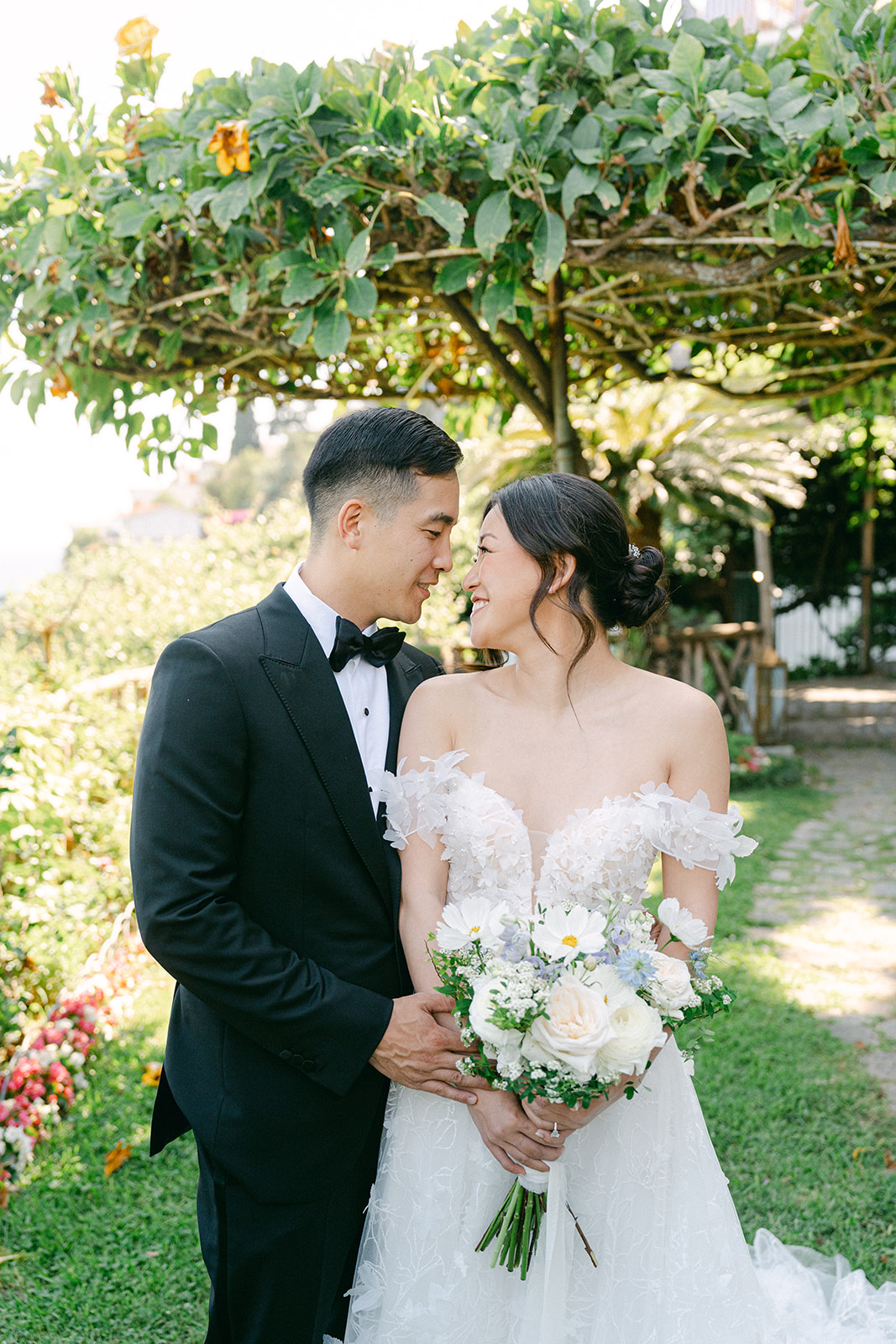Bride and groom smiling together during their Amalfi Coast first look