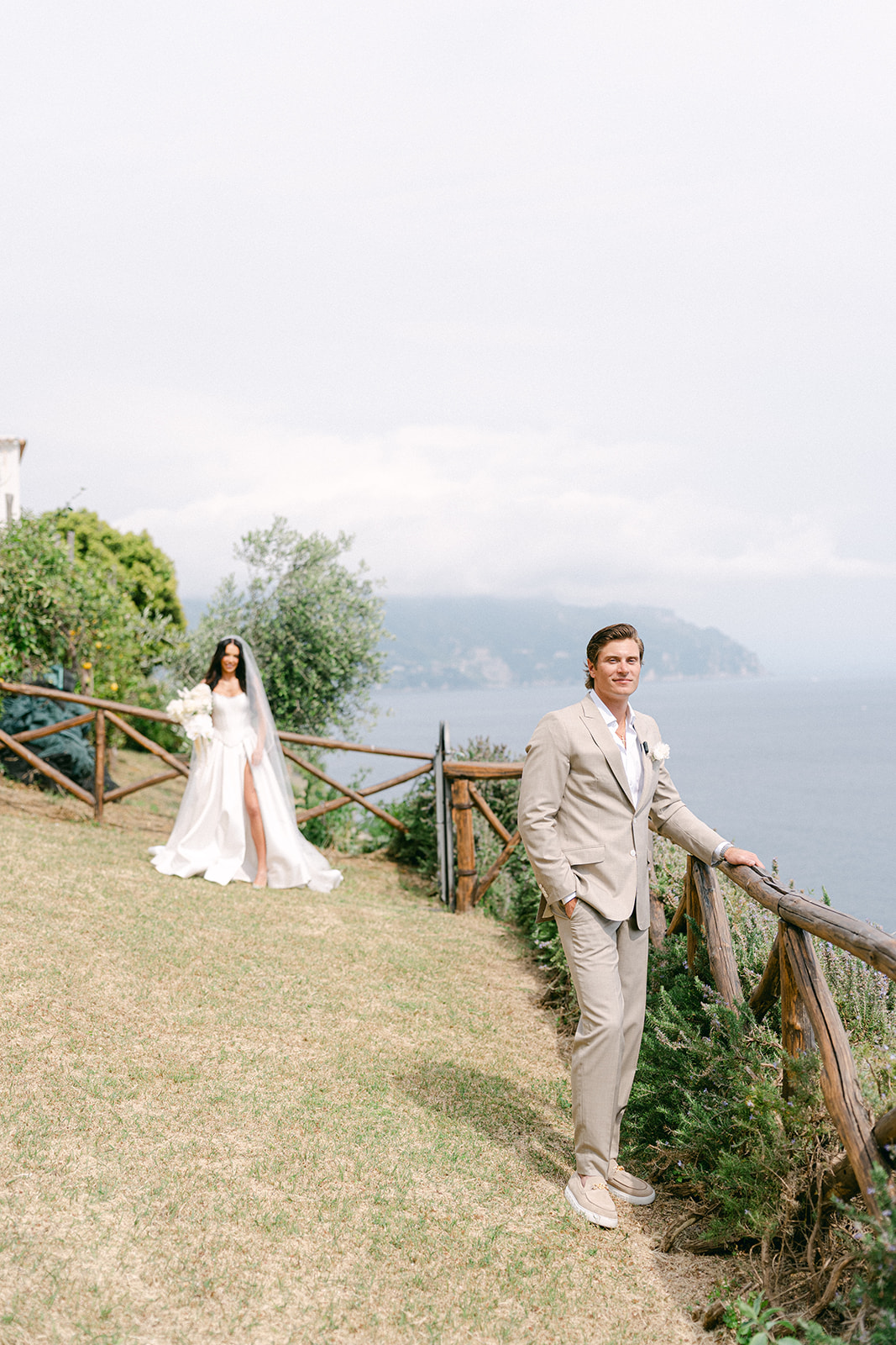 Bride walking towards groom for a surprise first look in Ravello Italy