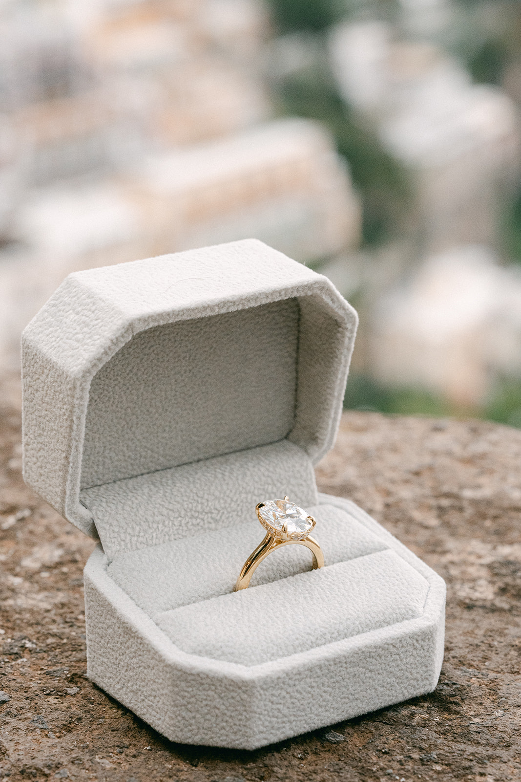 Engagement ring close-up during outdoor engagement photography in Italy