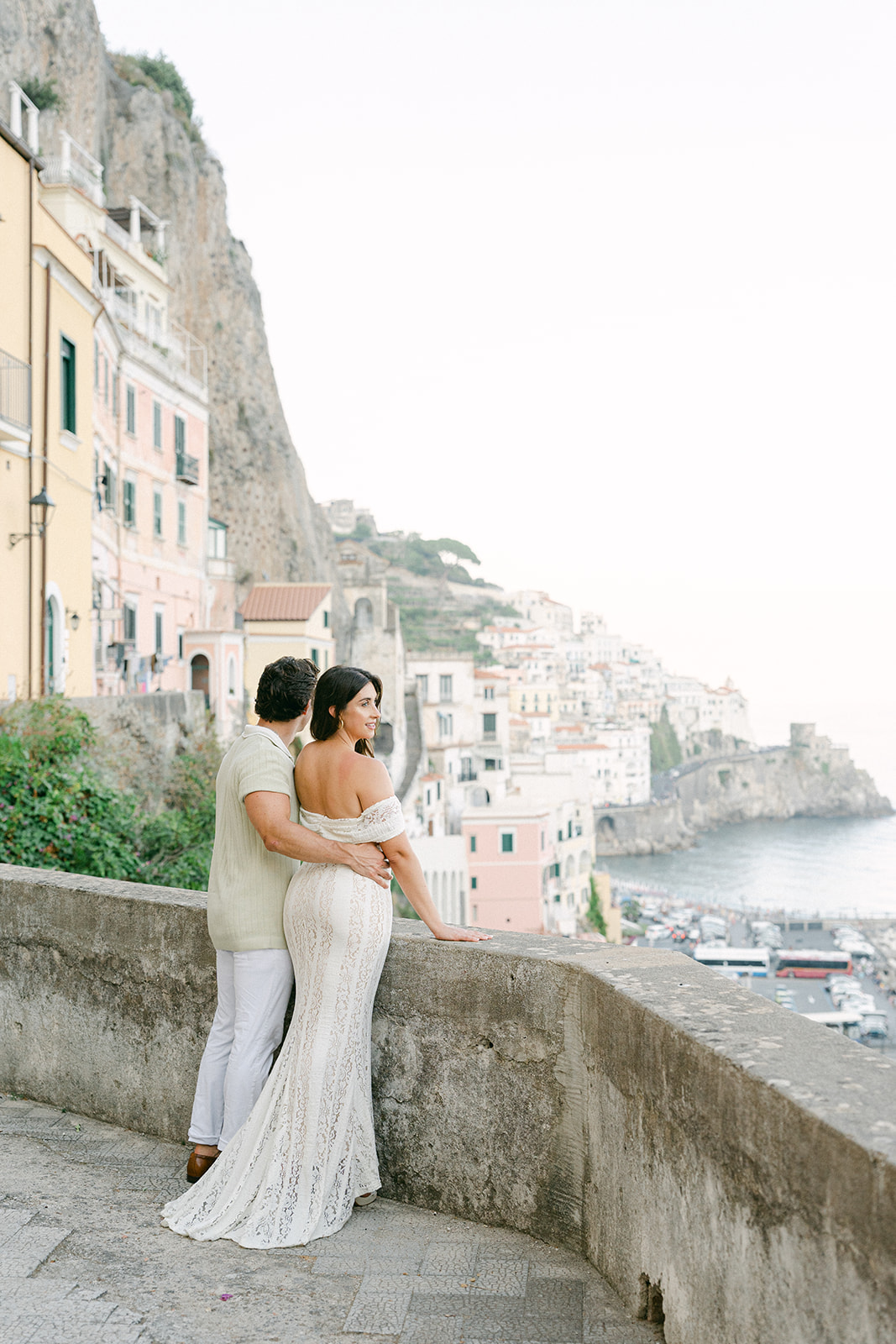 Groom and bride portraits during candid engagement photos in Amalfi