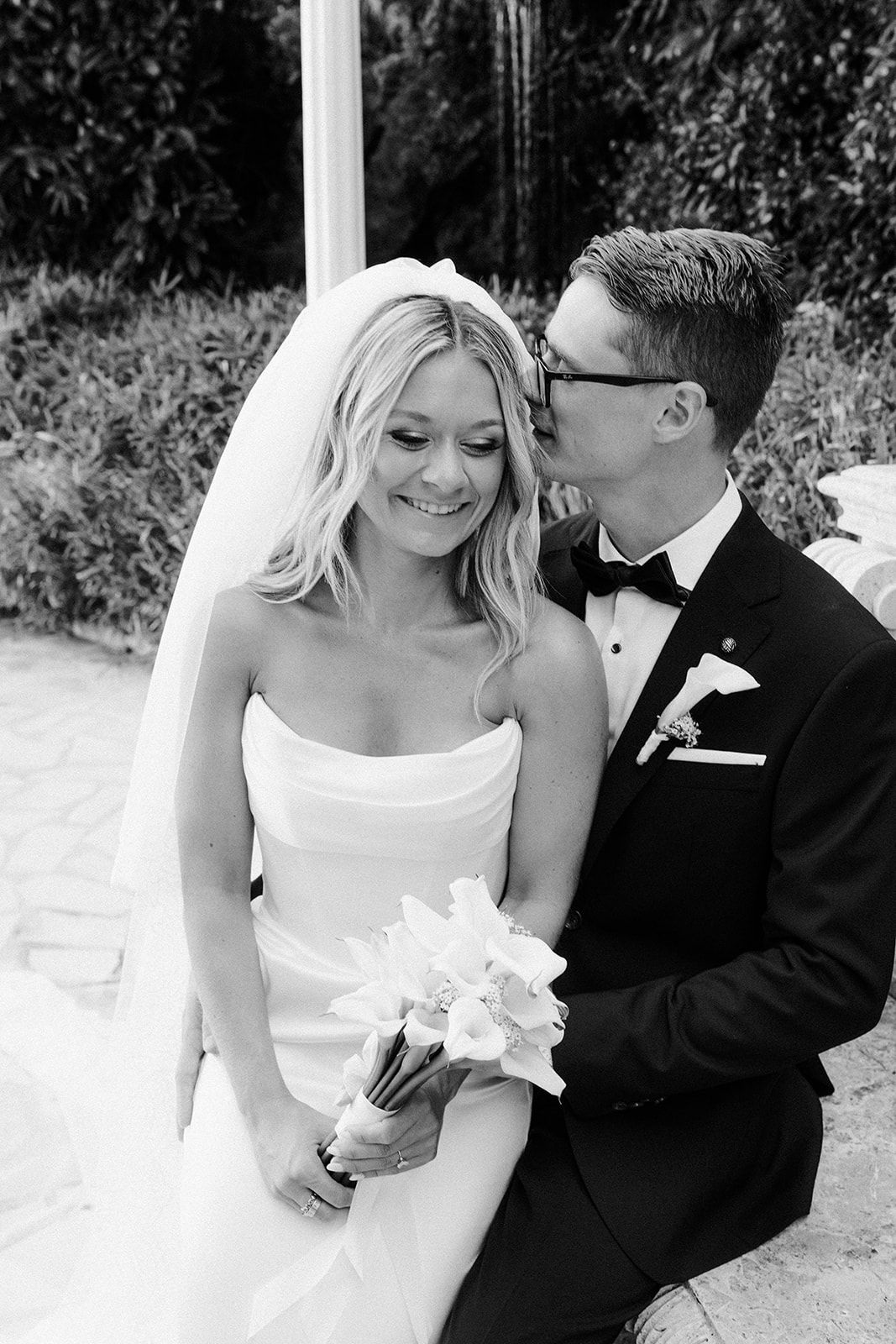 black and white wedding photo of the wedding couple in France