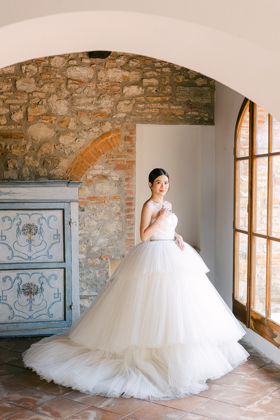 Bride wearing couture gown at Villa La Selva luxury wedding