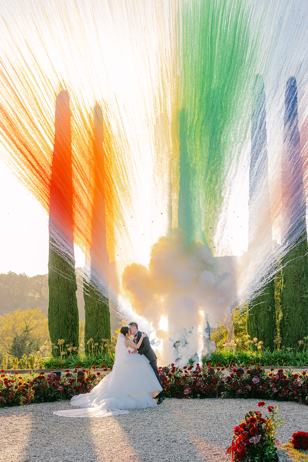 Fireworks during Tuscany wedding ceremony at historic Italian villa
