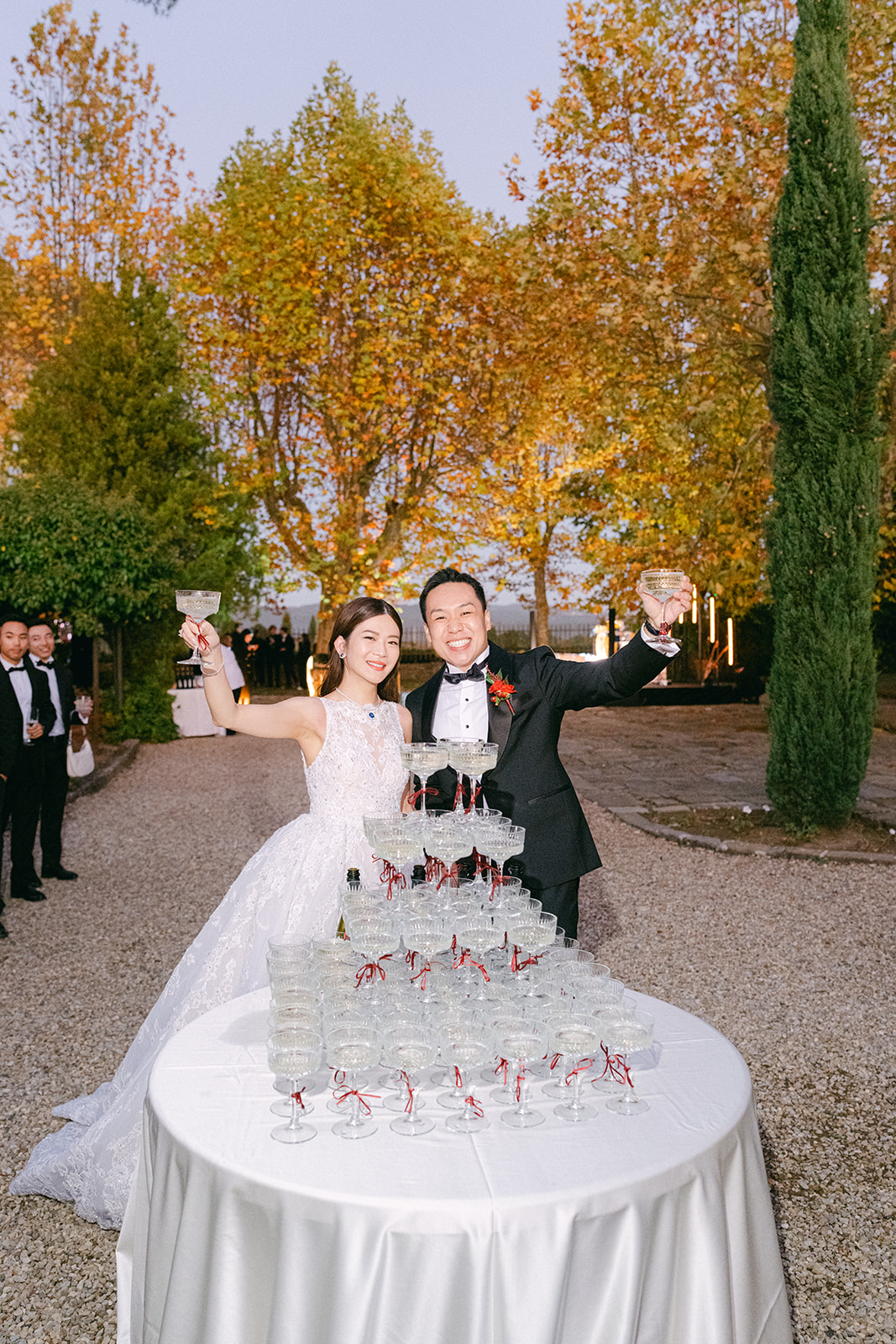 Elegant outdoor dinner setup at Villa La Selva Tuscany wedding