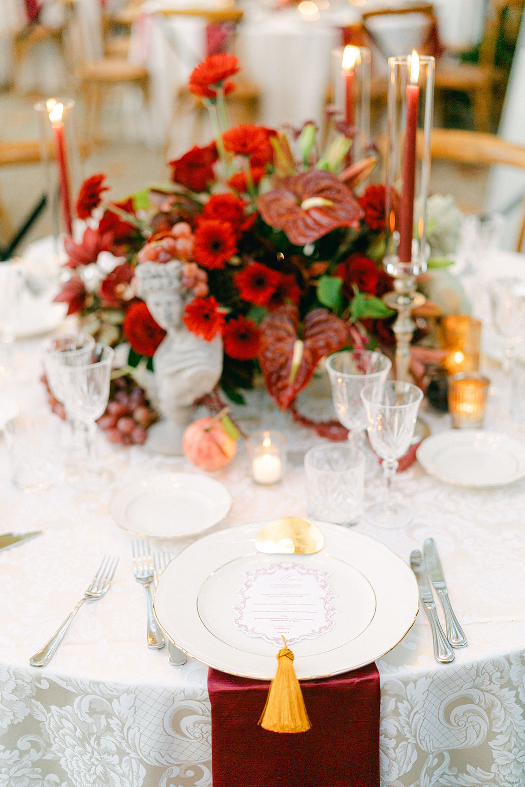 Baroque-themed Tuscany wedding tablescape with velvet textures