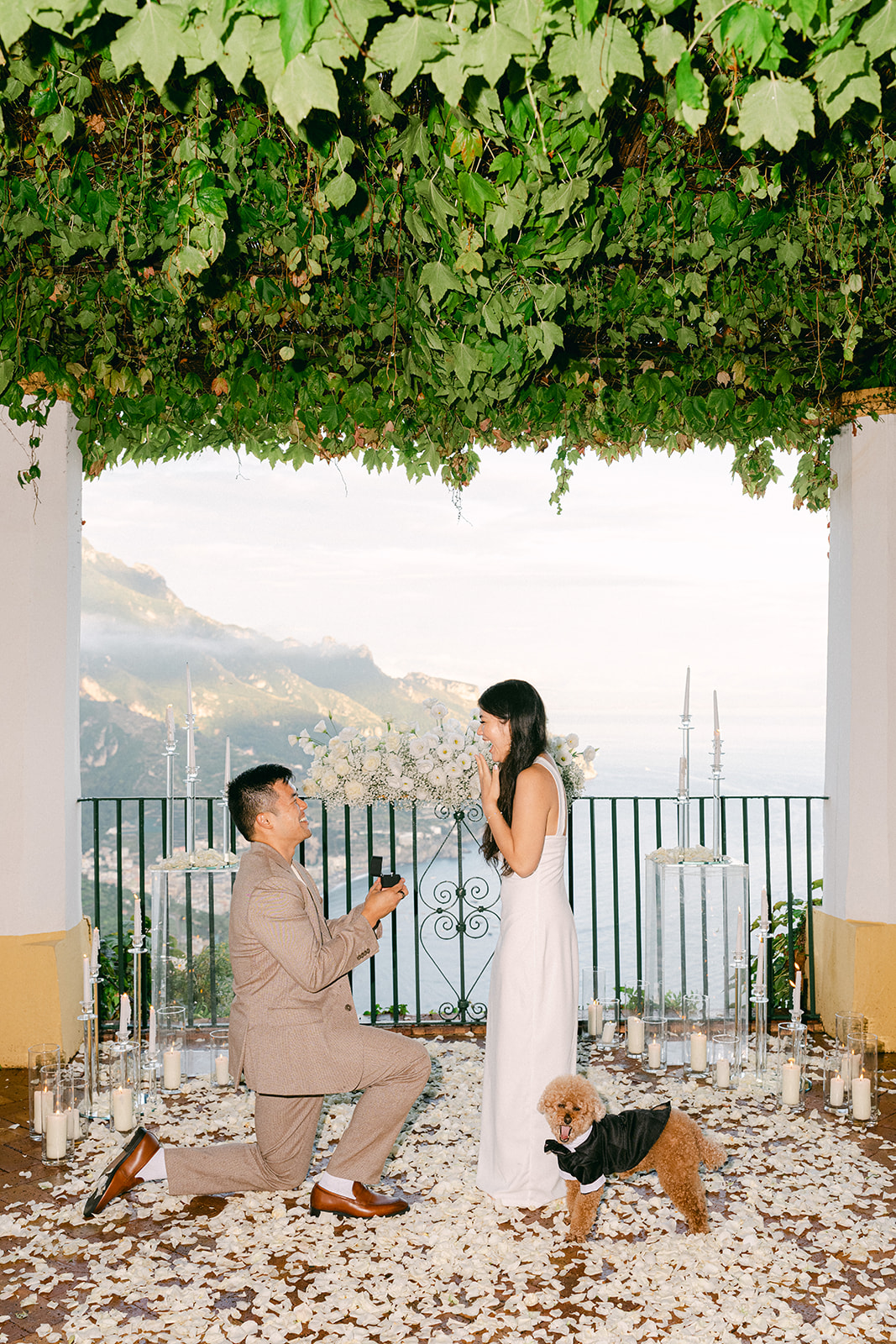 Surprise marriage proposal in Ravello with couple and their dog
