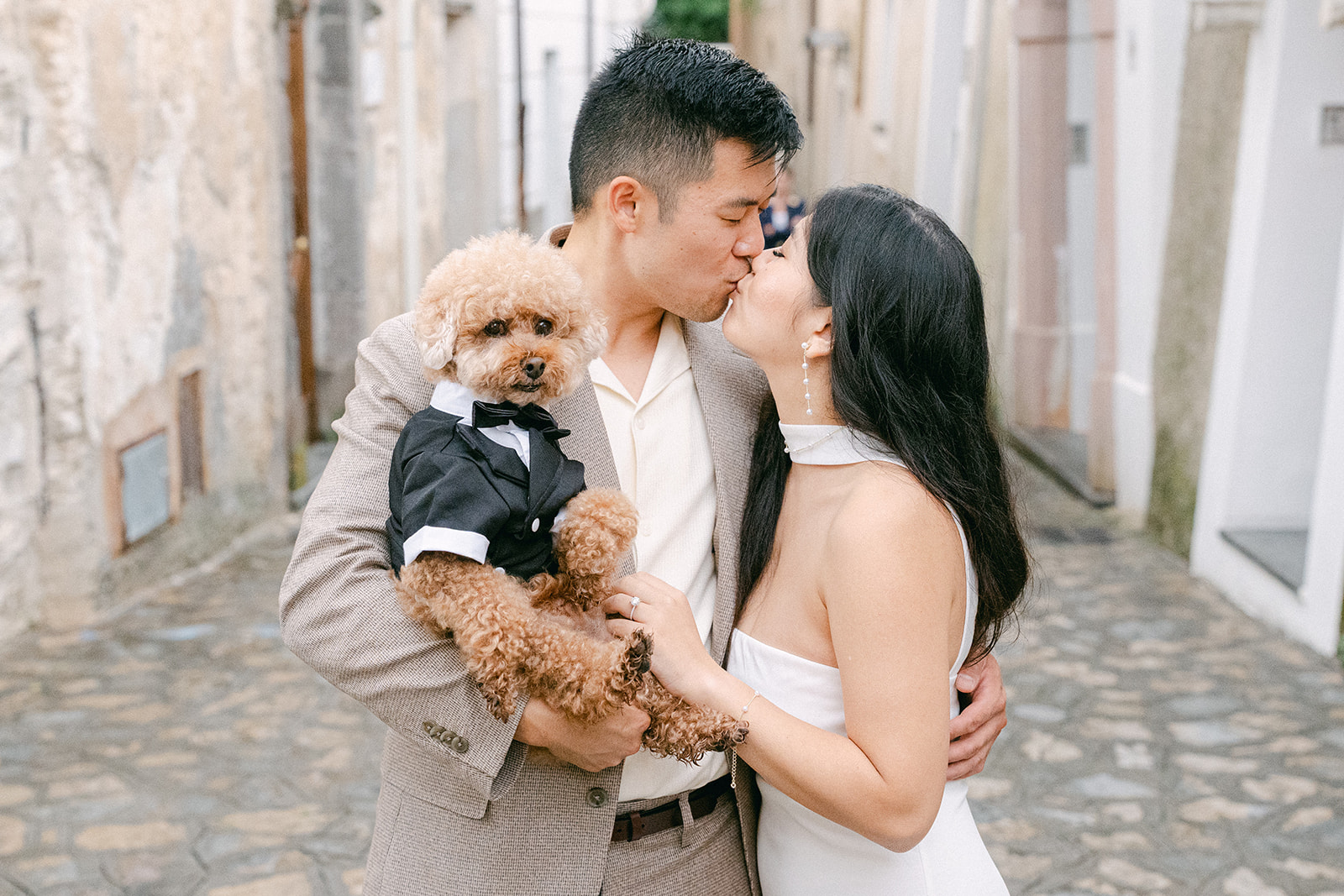 Romantic engagement portraits with dog in Amalfi Coast village