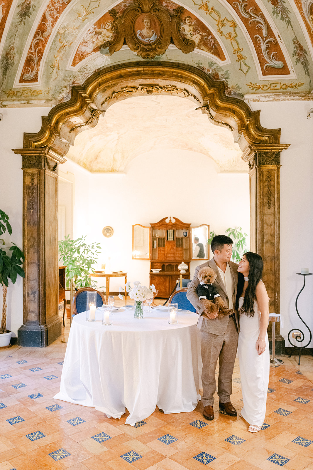 Romantic dinner after surprise proposal in amalfi coast with their dog