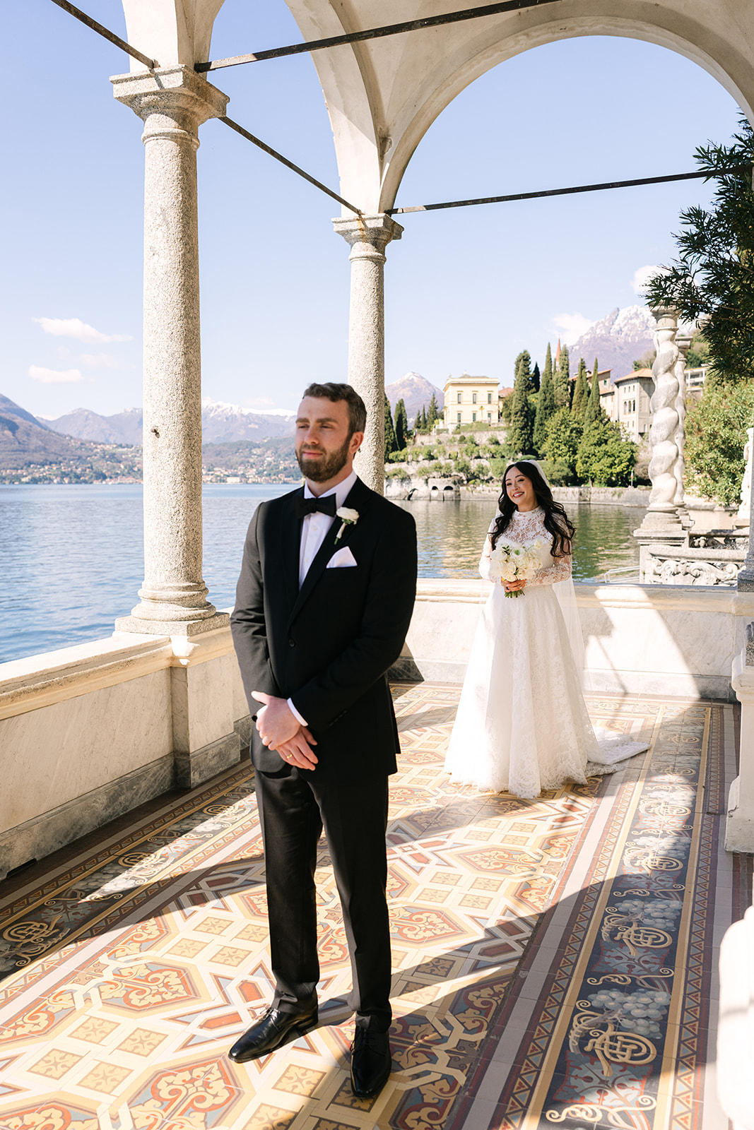 Candid First Look Lake Como elopement moments captured in Villa Monastero
