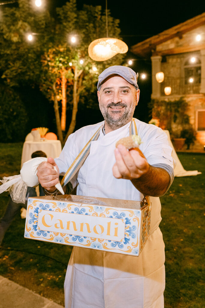 Fresh cannoli served at a Tuscany wedding welcome dinner in Italy