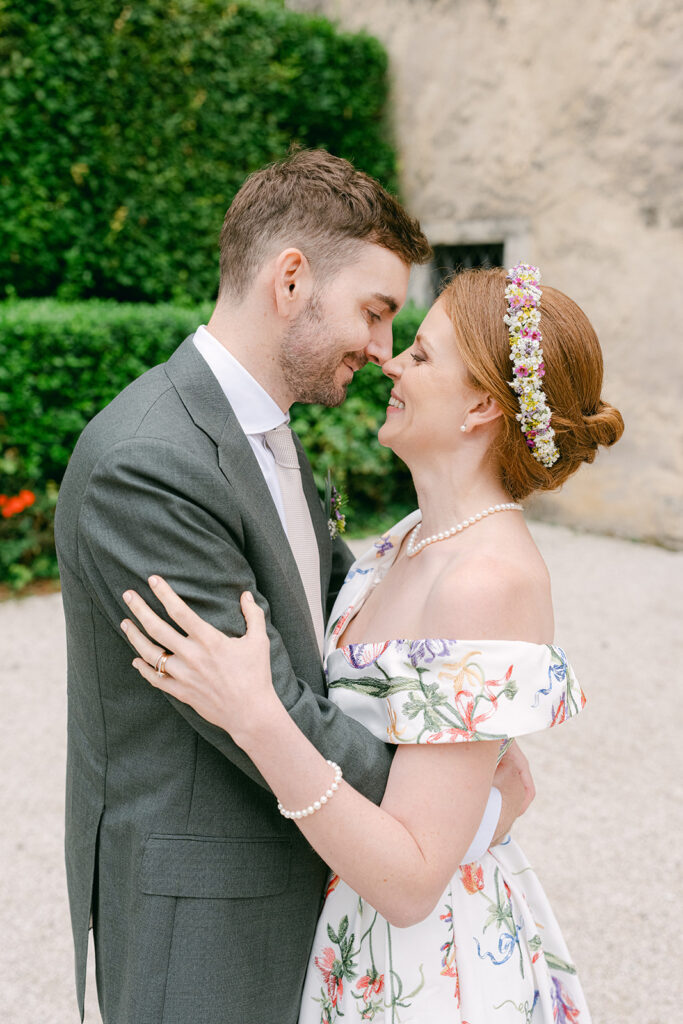 Couple celebrating their anniversary with a romantic vow renewal in Trentino Italy