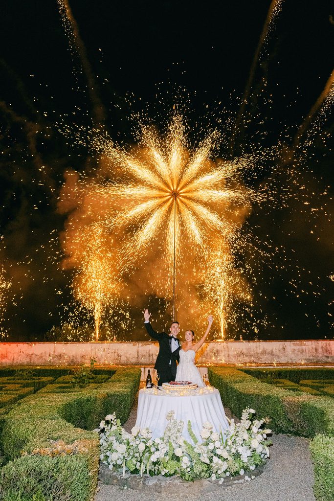 Spectacular wedding fireworks lighting up the night at Villa Corsini in Tuscany