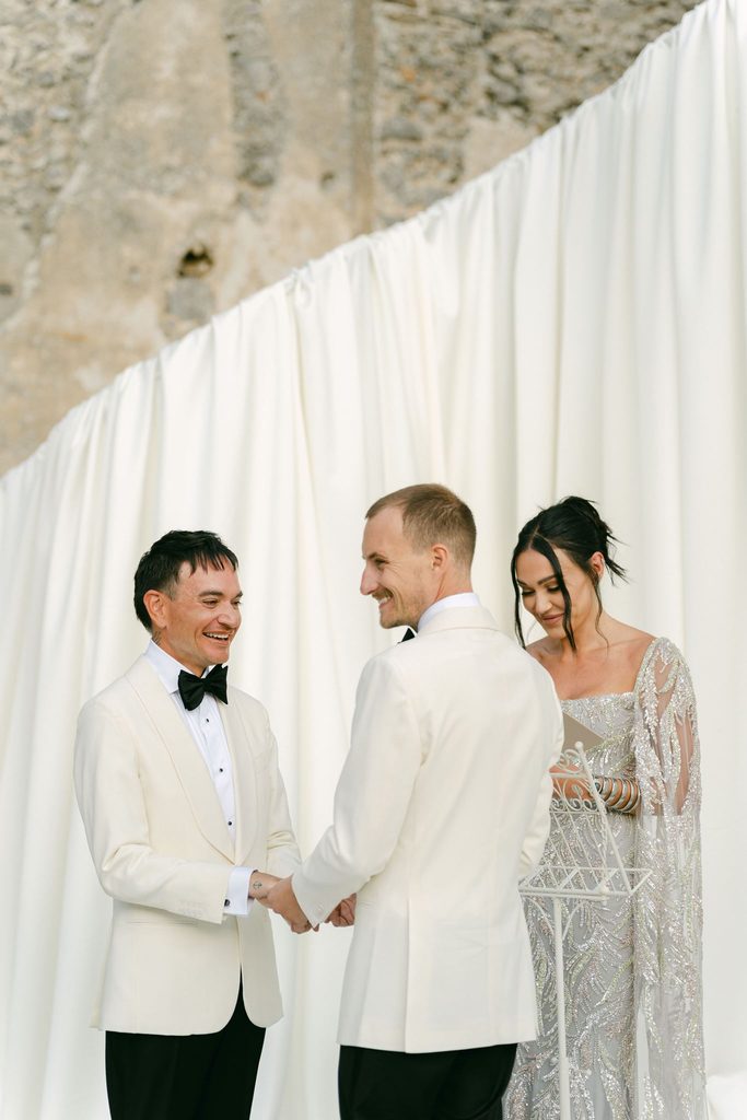 Andrea Gallucci - Destination Wedding Photographer- Amalfi Coast Positano Santorini Barcellona Rome Ravello Paris New York Same sex wedding ceremony with white floral arrangements at Sant'Eustachio on the Amalfi Coast